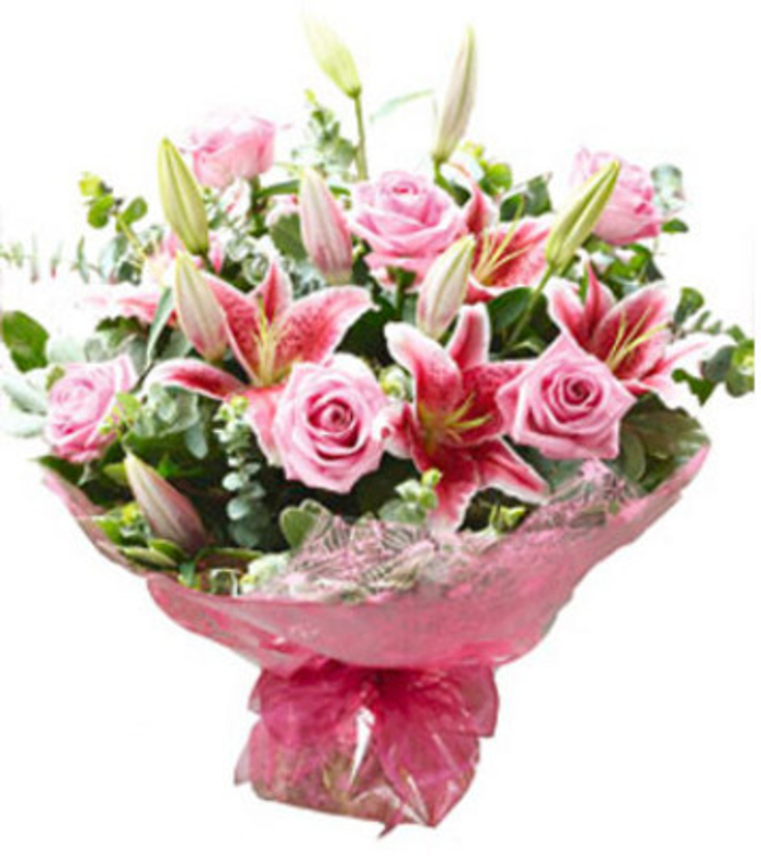 JQ Pink Roses &amp; Lilies Hand Tied Bouquet